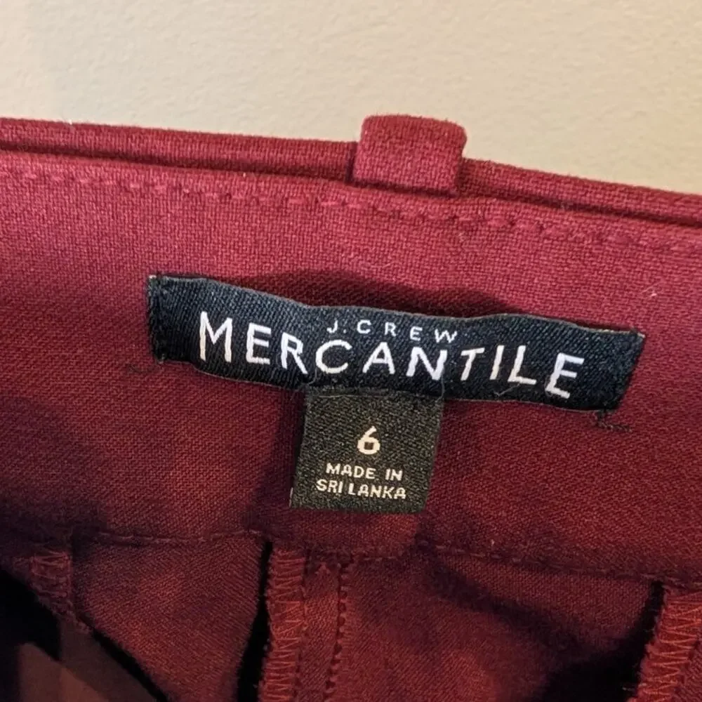 J.Crew Mercantile Burgundy Slim Straight Crop Trousers Sz 6 Ankle Pant